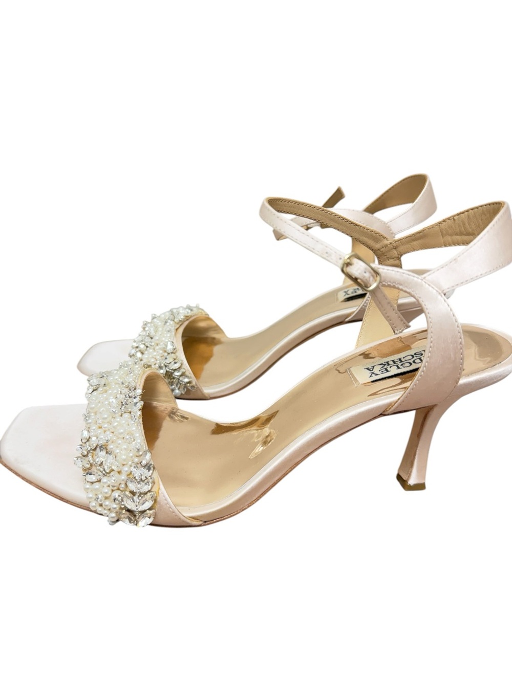 Badgley Mischka Blush Satin Pearl & Crystal Ankle-Strap Heels